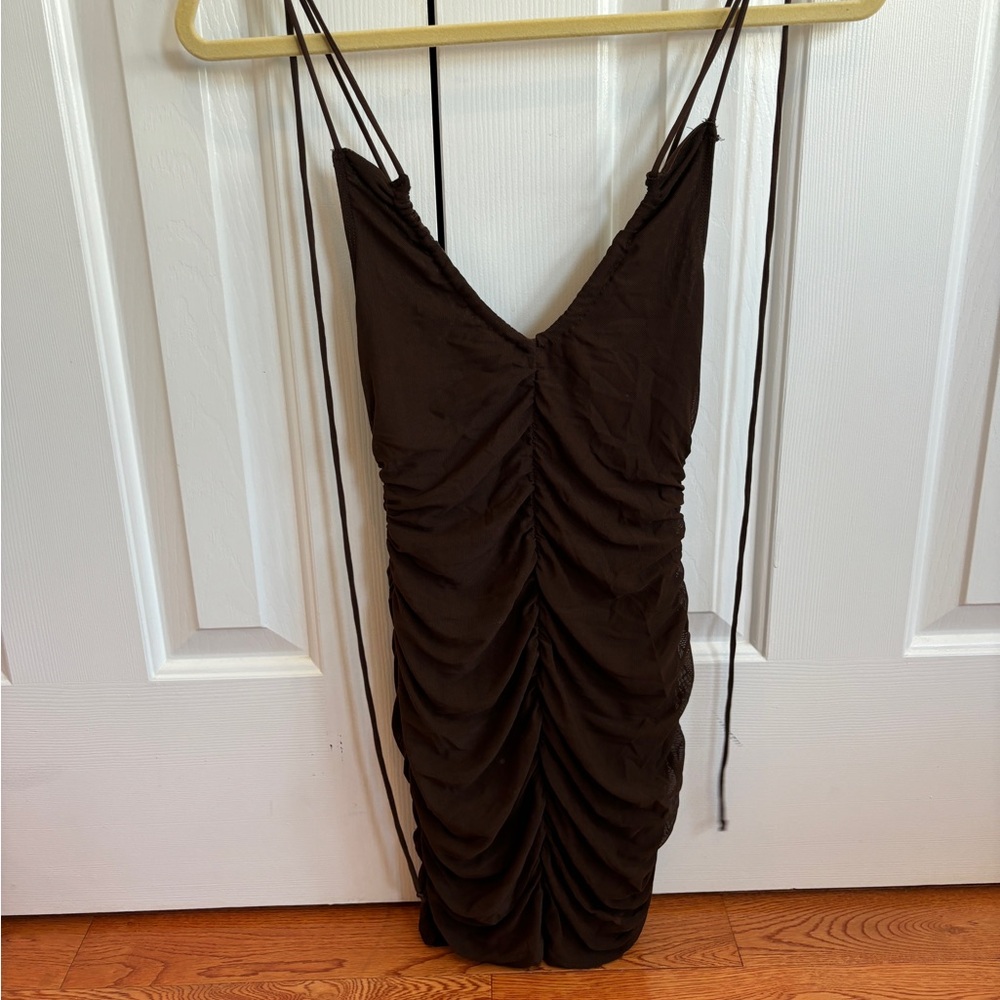 Princess Polly- brown mini dress, ruched, size 2